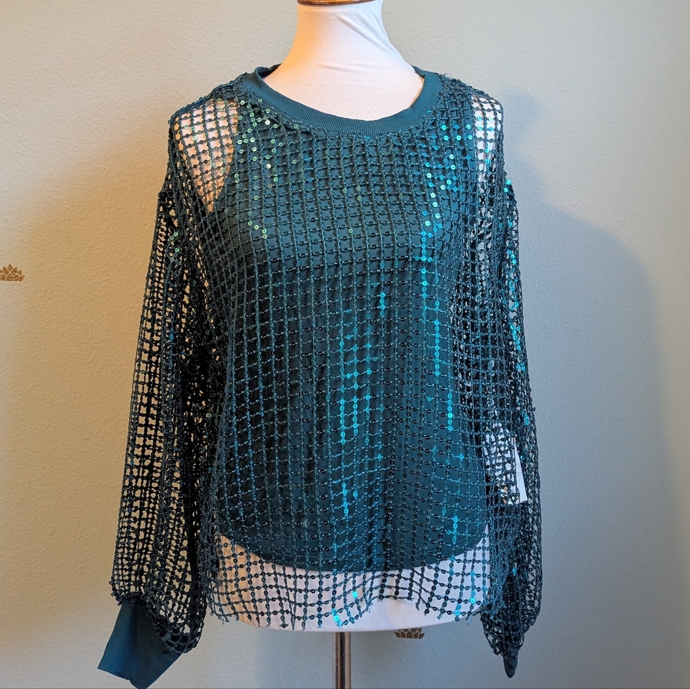 Anthropologie Pilcro Long-Sleeve Sequin Shine Top In Turquoise NWT - Picture 3 of 6